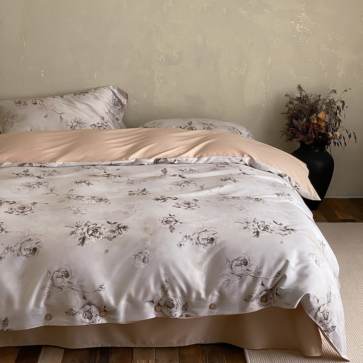 Premium cotton satin duvet cover set with floral jacquard relief and button closure