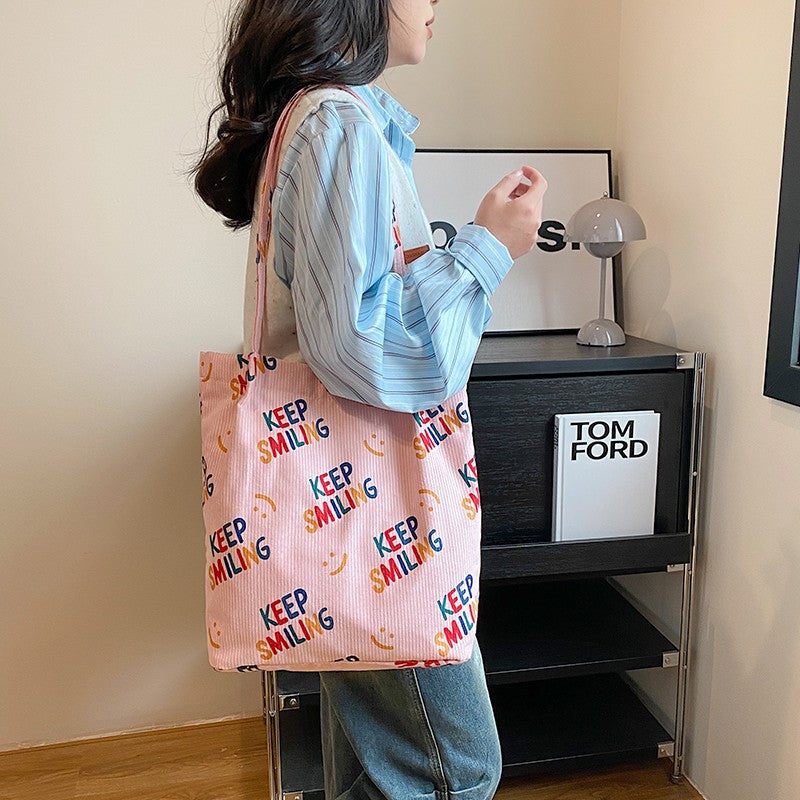 Smiley Face Patterned Canvas Tote Bag