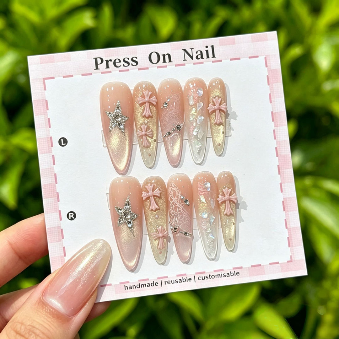 Artistic Press-On Nail Art Set with Star and Floral Accents