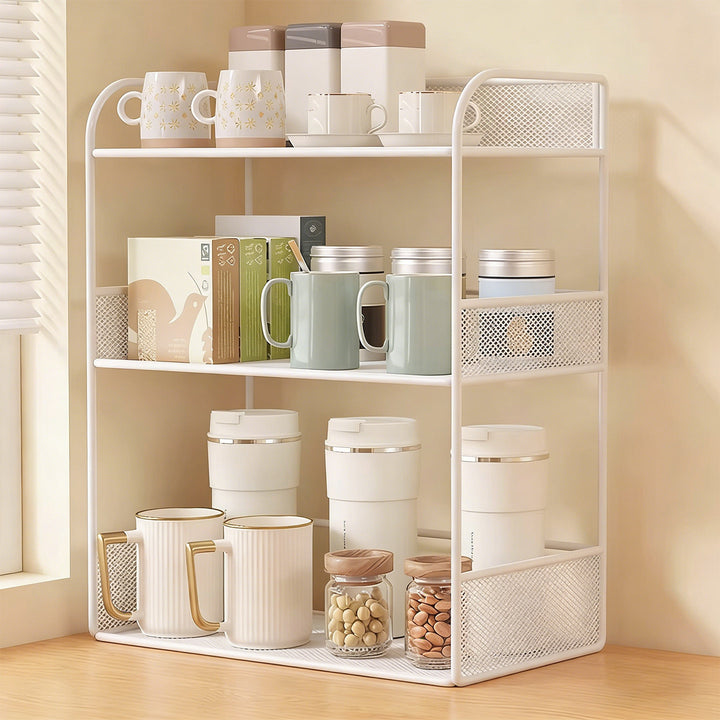 Tiered Metal Mesh Countertop Organizer Shelf with Raised Mesh Sides