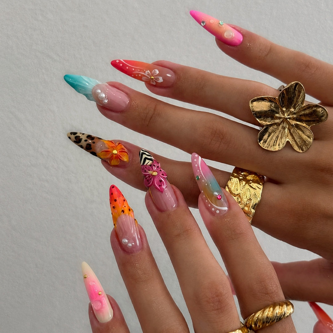 Acrylic nail set with creative floral design and glitter elements Kalsten