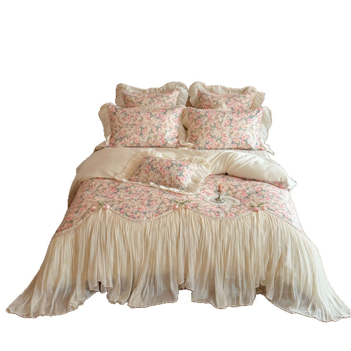 Romantic bedding set with pleated ruffle and floral chenille surface