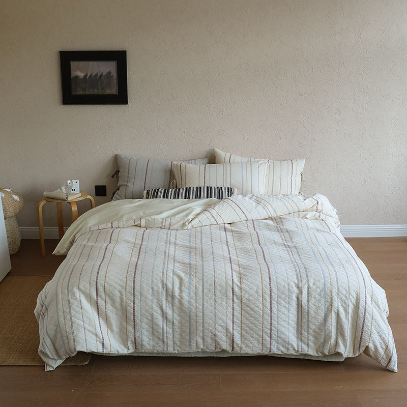 Linen-cotton bedding set with natural waffle texture and reversible function