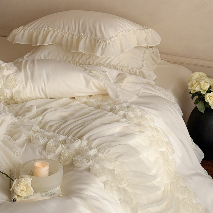 Luxurious Ruffle Bedding Set with Rose Appliqués and Volants