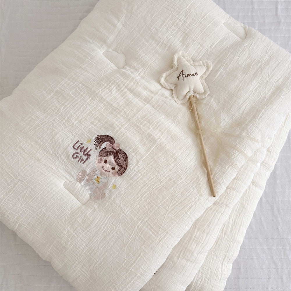 Baby cotton muslin cuddle blanket with embroidered girl motif