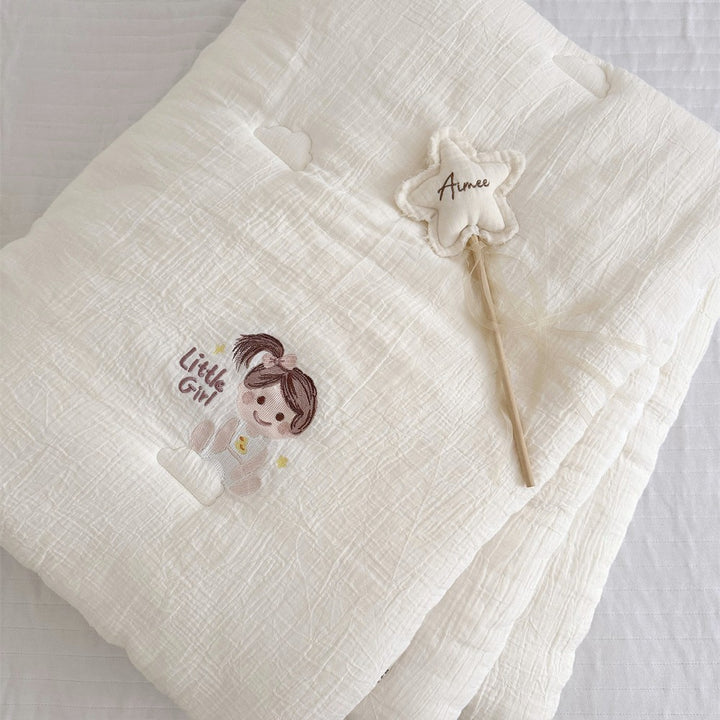 Baby cotton muslin cuddle blanket with embroidered girl motif