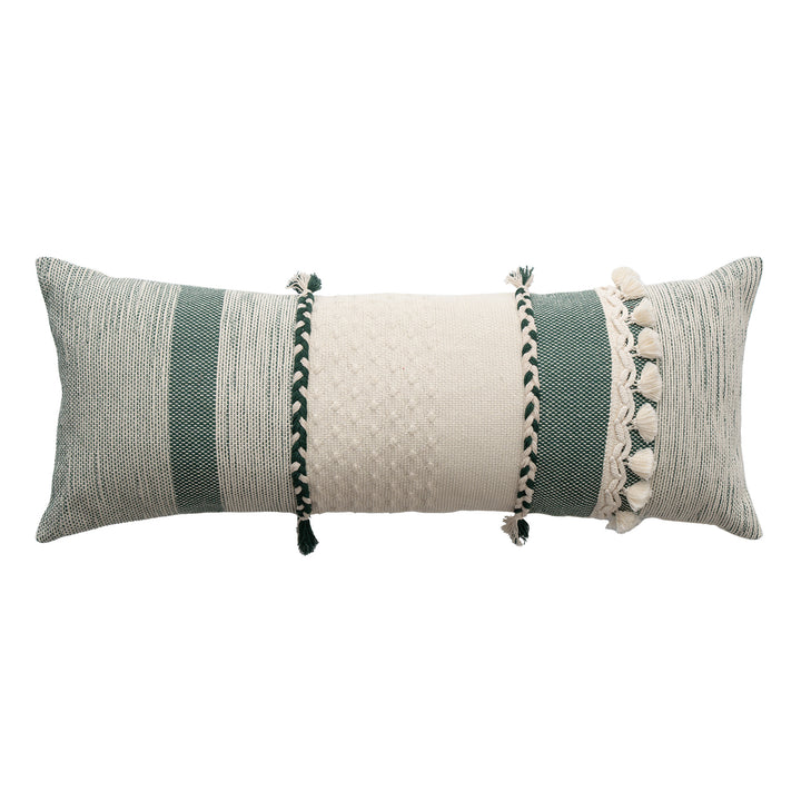 Rectangular Boho Lumbar Pillow with Braided Ties and Tassels