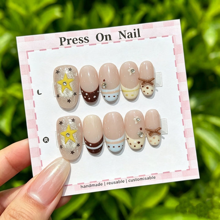 Artistic Press-On Nail Set with Floral and Graphic Designs