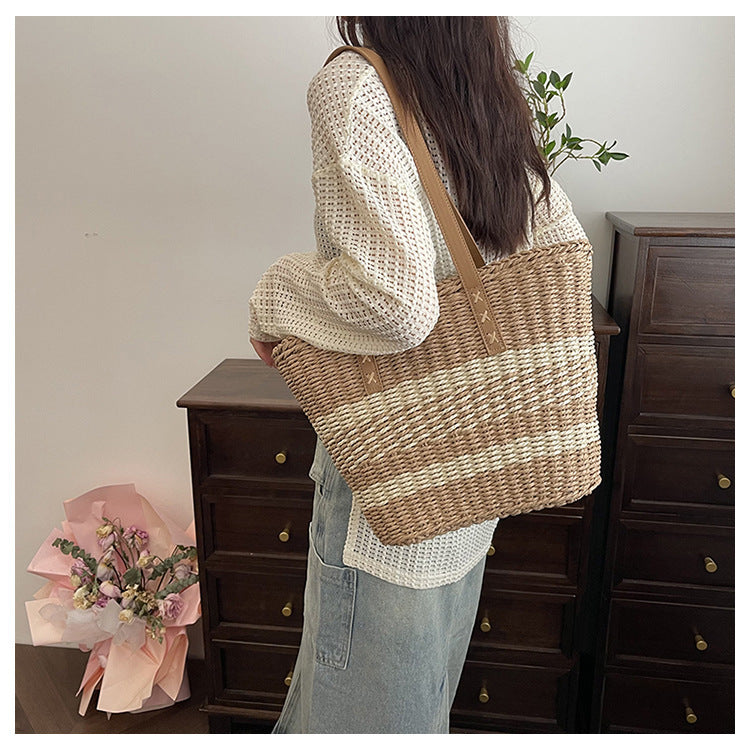Woven Natural Material Handbag with Leather Accents Kalsten