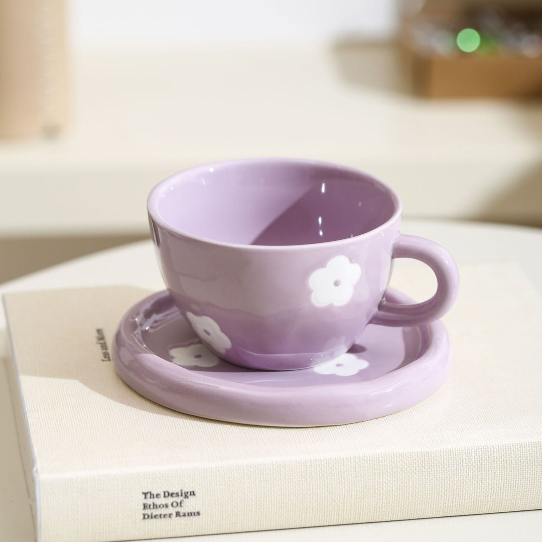 Pastel Design Ceramic Mug Set with Saucer and Raised Rainbow Relief