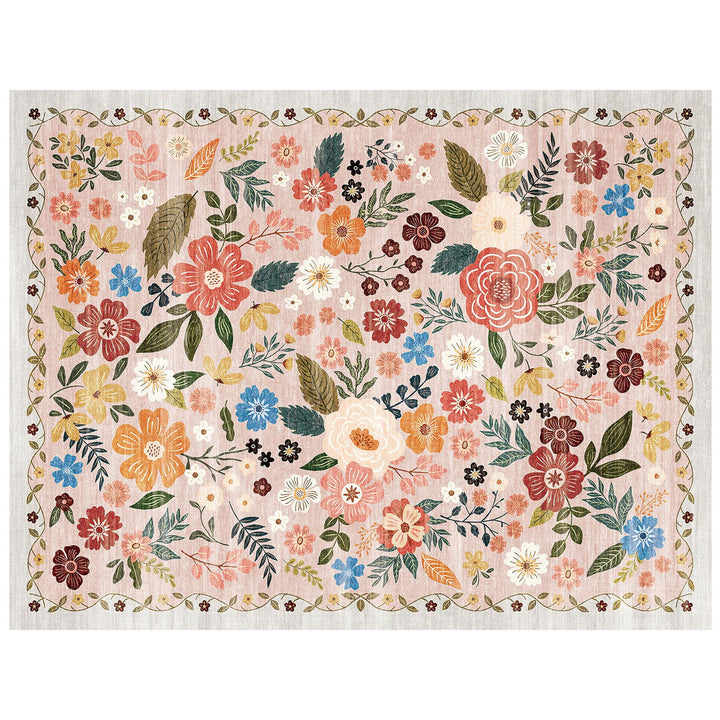 Large Floral Printed Low-Pile Machine-Woven Area Rug with Stain-Resistant Finish