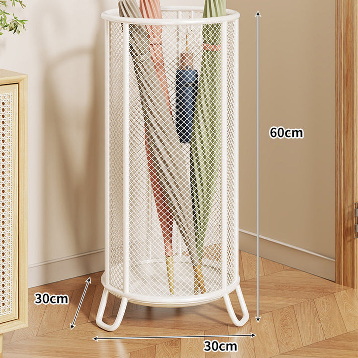 Cylindrical Perforated Metal Umbrella Stand with Raised Legs and Ventilated Mesh Body