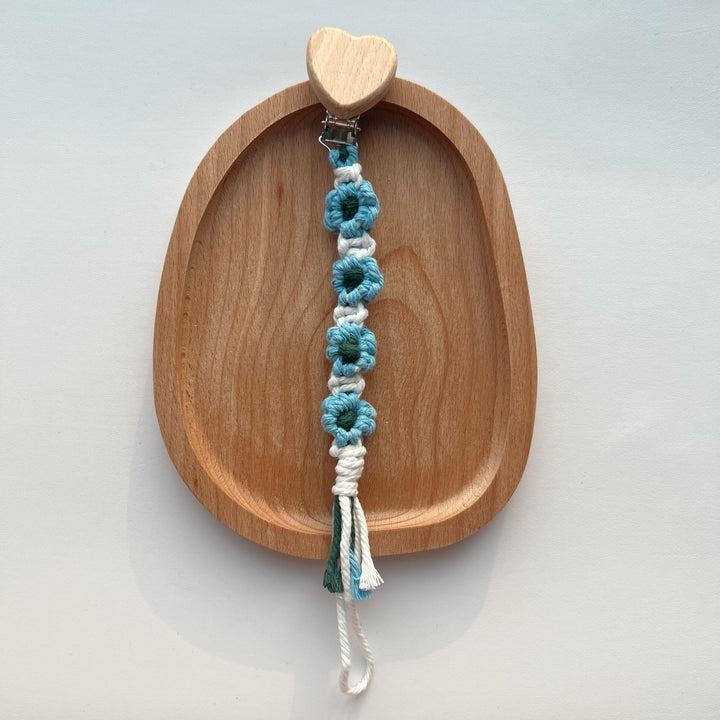 Cotton Crochet Floral Pacifier and Teether Clip with Wooden Heart Safety Clip