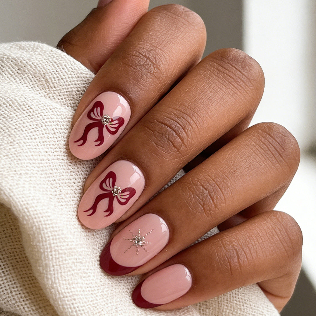 Decorative Press-On Nail Set with Bow and Gem Accents Kalsten