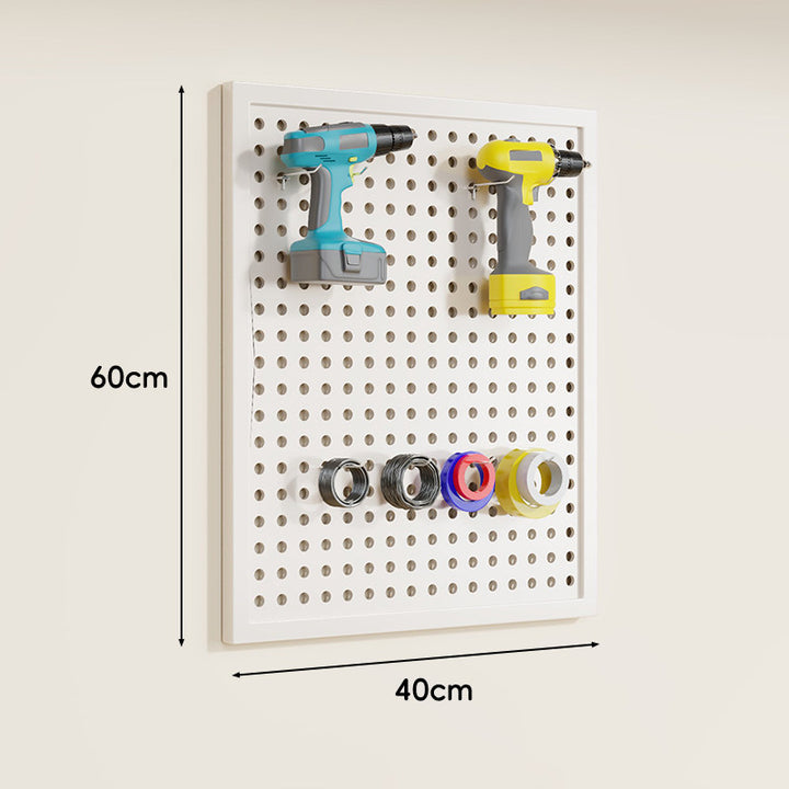 Wall-Mounted Perforated Metal Tool Pegboard Organizer Panel with Modular Hooks and Wire Baskets