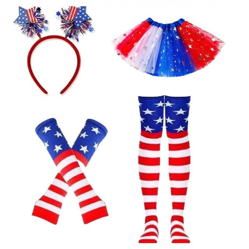 Women's patriotic carnival costume set with layered tulle skirt elastic waistband bow hairband thigh-high stockings and arm warmers Kalsten