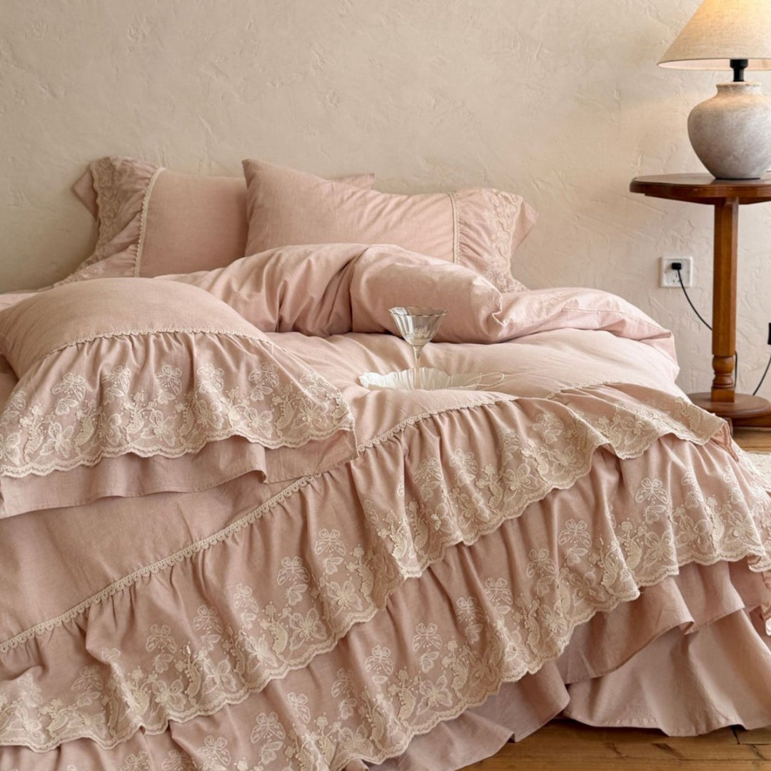 Premium cotton-linen bedding set with multilayered ruffles & floral lace embroidery