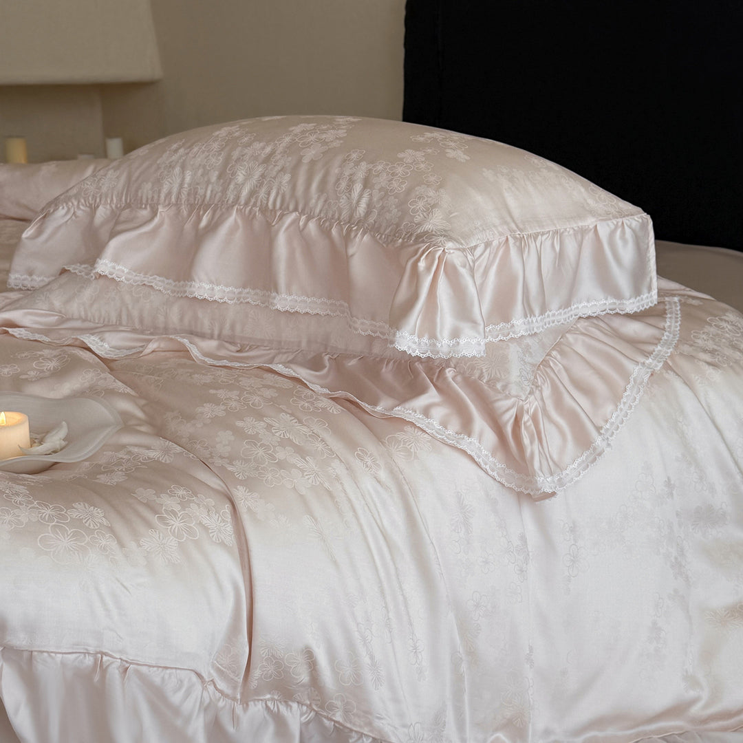 Luxurious bed linen set made of Mako satin with ruffled border and fine floral jacquard Kalsten