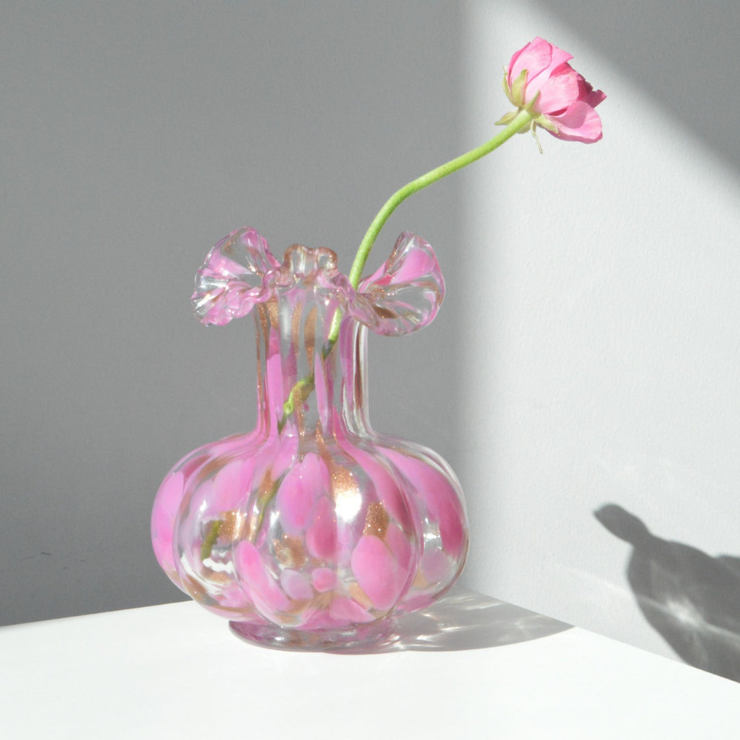 Handblown Ruffled-Rim Bulbous Art Glass Bud Vase Kalsten