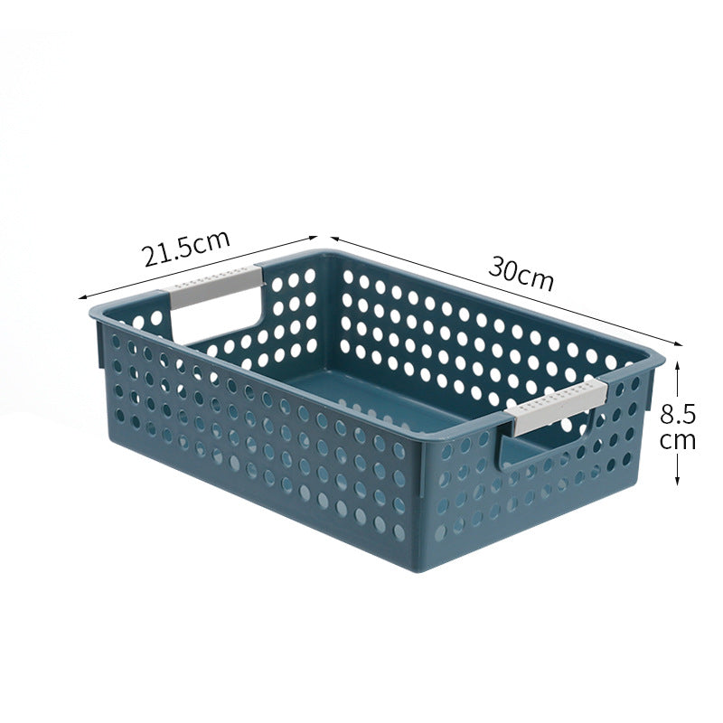 Flat plastic storage box with perforated side wall and grip recesses