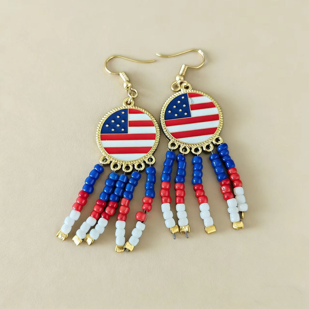 Ladies nan patriotic pearl earrings with US flag motif and fringes Kalsten