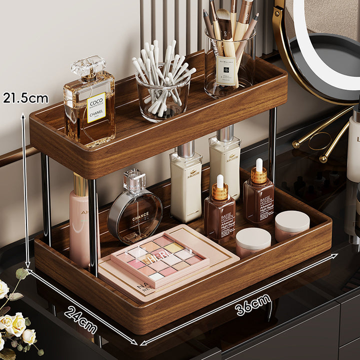 Two-Tier Wooden Vanity Countertop Organizer with Metal Pillars