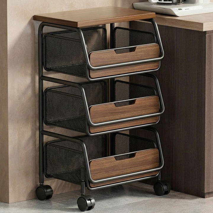 Multi-Tier Rolling Kitchen Pantry Cart with Wood Top and Deep Wire Storage Baskets