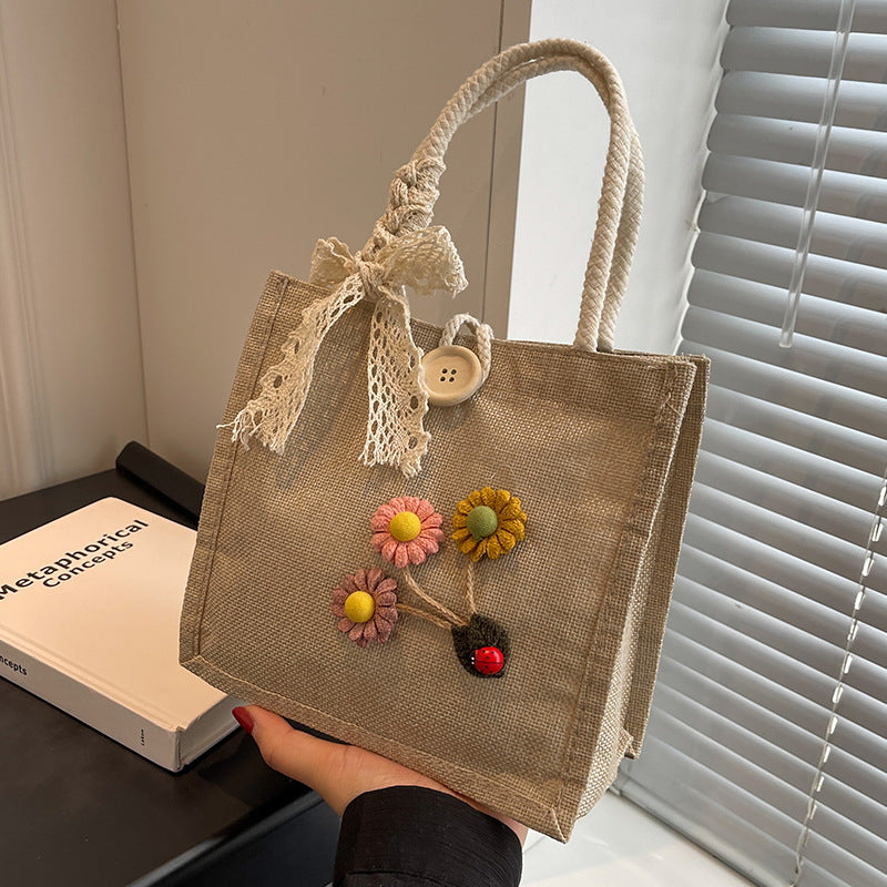 Floral Embellished Jute Handbag
