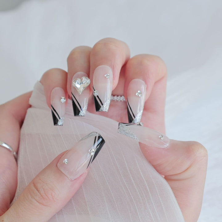 Artistic Press-On Nail Art Set with Heart and Celestial Designs