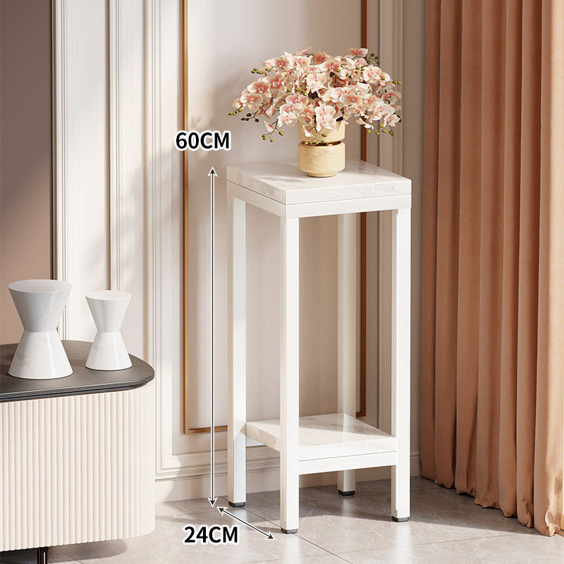 Tall Narrow Marble-Top Plant Stand Side Table with Lower Shelf and Gold Metal Frame