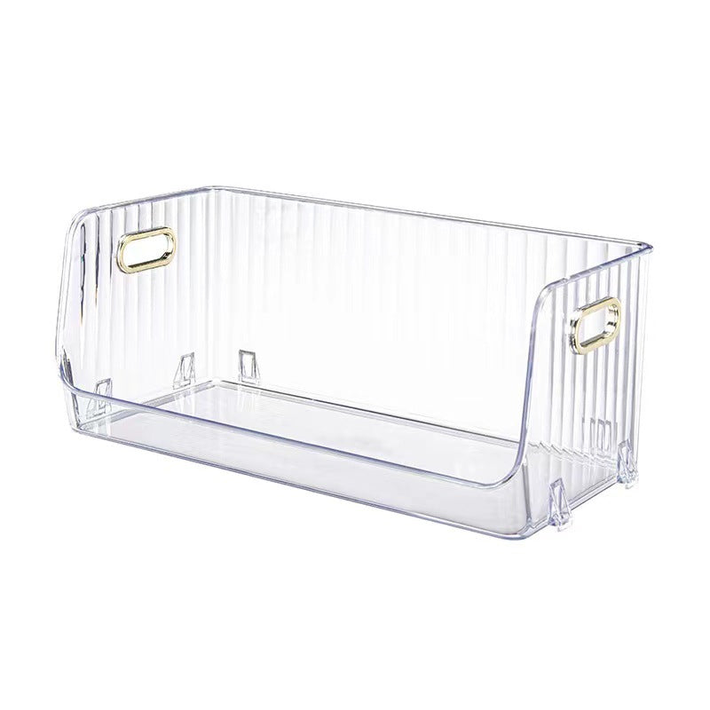 Transparent storage box with front opening, ribbed structure and integrated grip openings