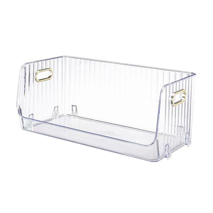 Transparent storage box with front opening, ribbed structure and integrated grip openings