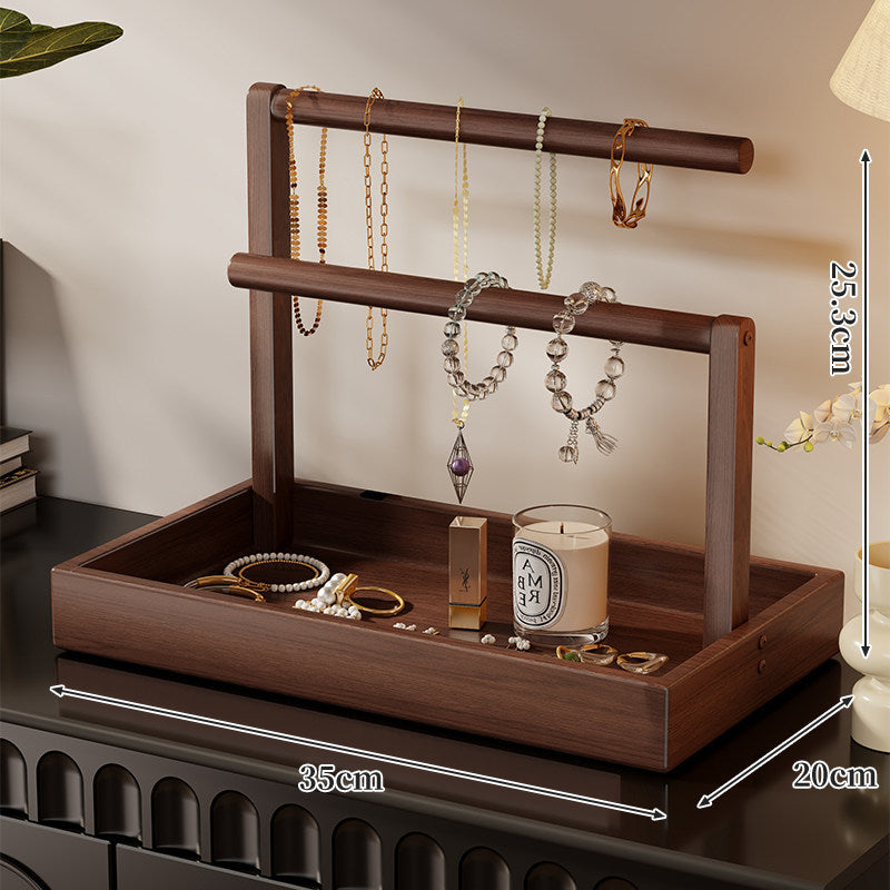 Tiered Wooden Jewelry and Watch Organizer with Tray and Hanging Rods