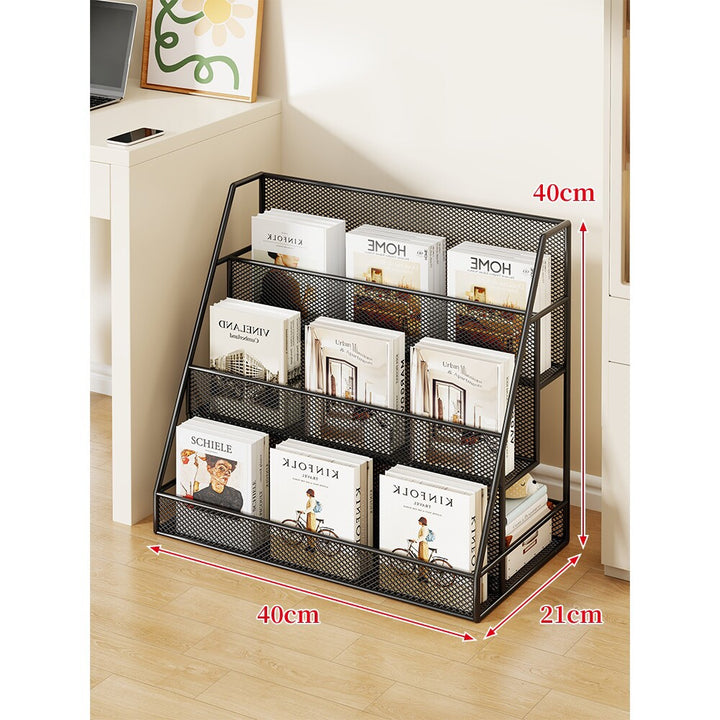 Angled Mesh Rolling Magazine and Book Display Shelf with Locking Casters
