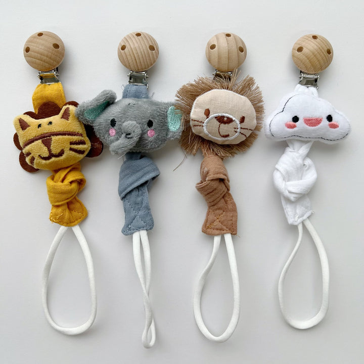 Baby Pacifier Clip with Plush Elephant Head Wooden Safety Clip