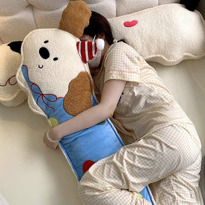 Extra-long cuddly body pillow with dog motif, fleece cover and appliquéd dots
