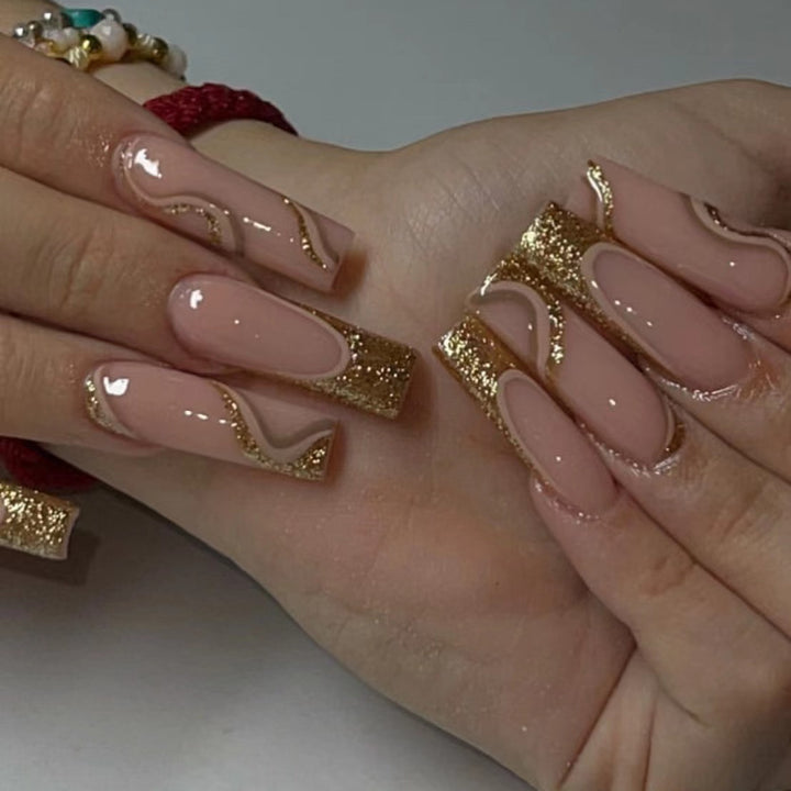 Decorative Long Press-On Nails with Gold Accents Kalsten