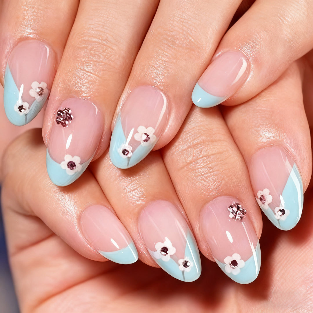Floral Accent Press-On Nail Set with Gem Details Kalsten