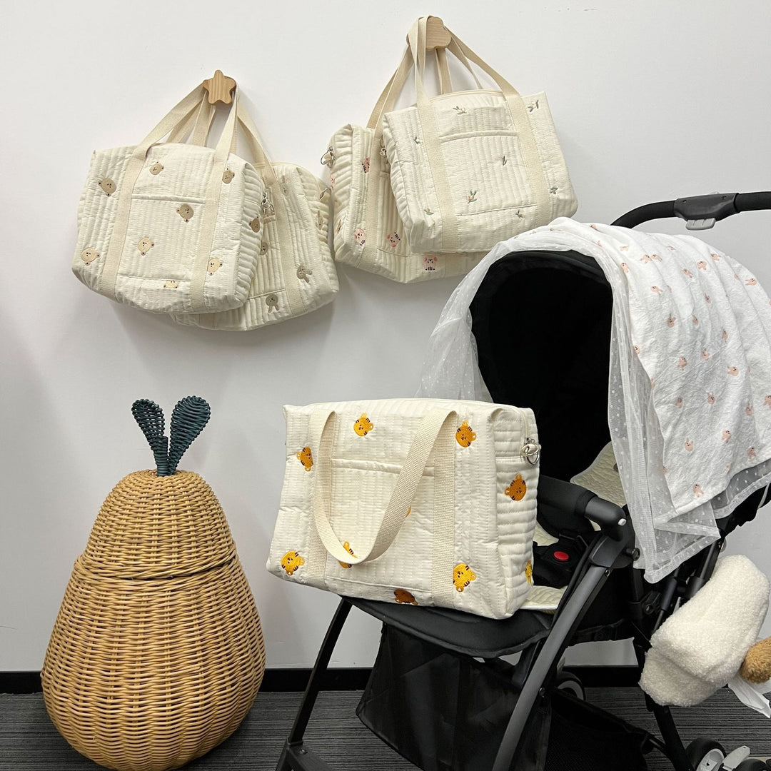 Quilted Baby Diaper Backpack Bag with Embroidered Plush Bear Accents