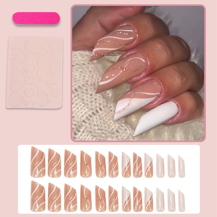 Acrylic nail set with elegant wave patterns and glitter accents Kalsten