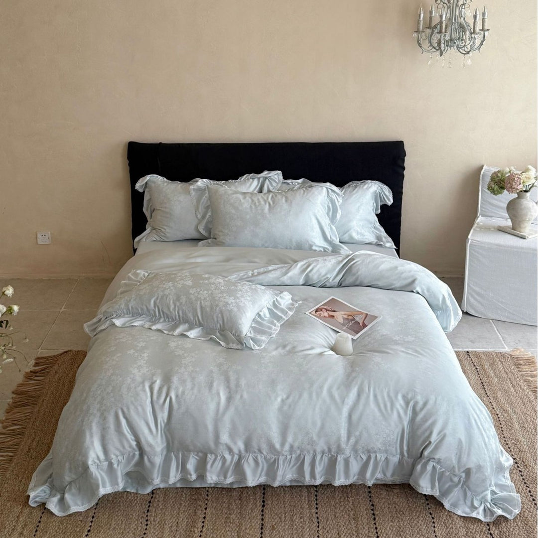 Satin-Duvet cover set with delicate ruffles and tonal jacquard floral relief