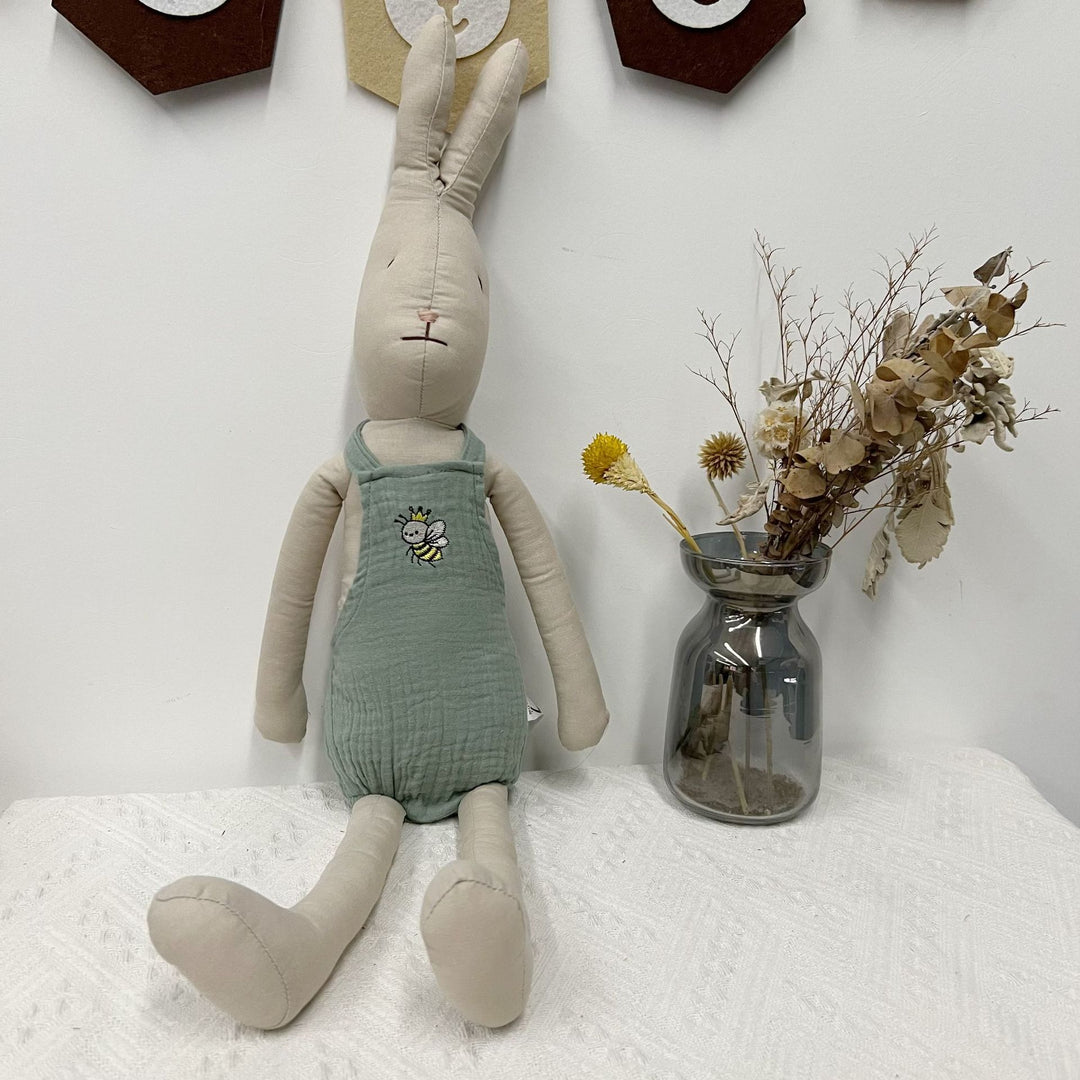 Handcrafted Organic Cotton Bunny Doll with Linen Jacket and Plaid Shorts