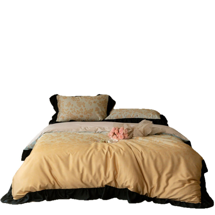 Satin bedding set with floral micro jacquard and contrasted hem