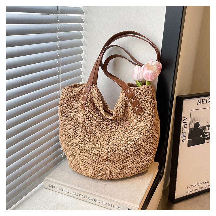 Handmade Beach Bag Made of Natural Material with Decorative Leather Accents Kalsten