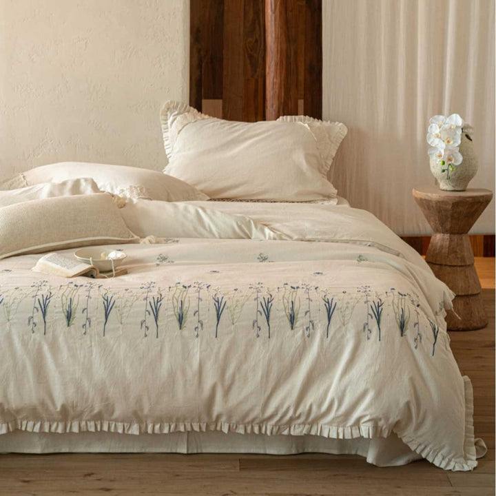 Organic Cotton Duvet Cover Set in Country Style with Delicate Embroidery and Ruffled Hem