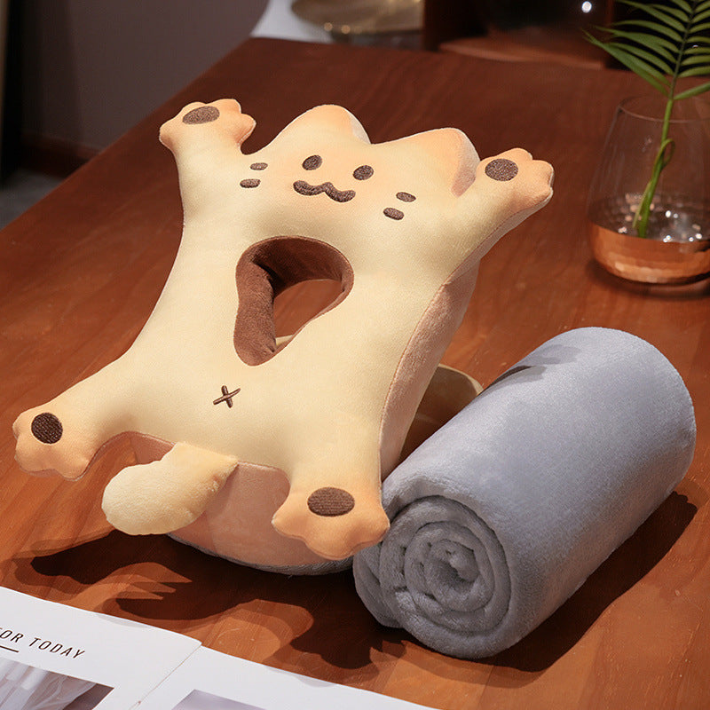 Plush neck pillow with head opening and rollable cuddle blanket set