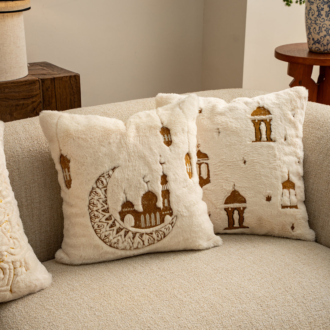 Square cushions made of micro plush with embossed mandala relief and concealed zipper