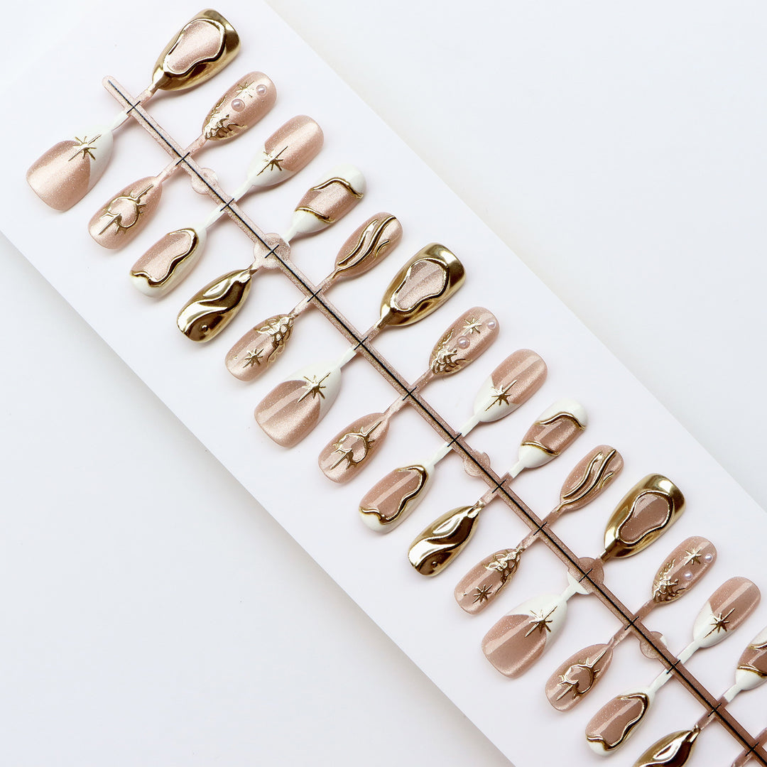 Artistic Press-On Nail Set with Gold Accents