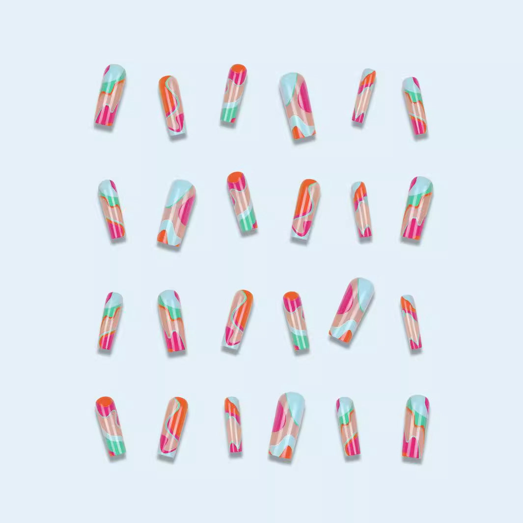 Artistic Long Press-On Nails with Colorful Abstract Design Kalsten