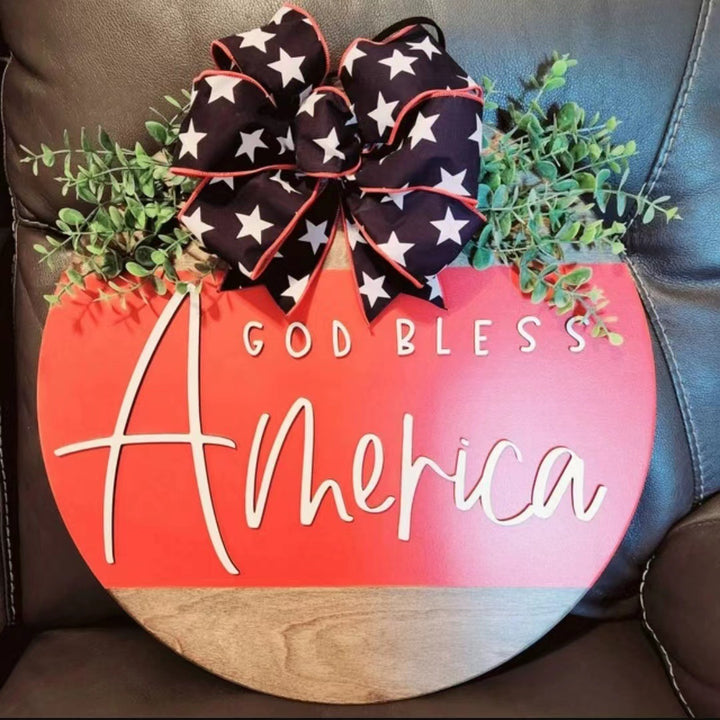 Unisex decorative wooden wall wreath with patriotic lettering Kalsten